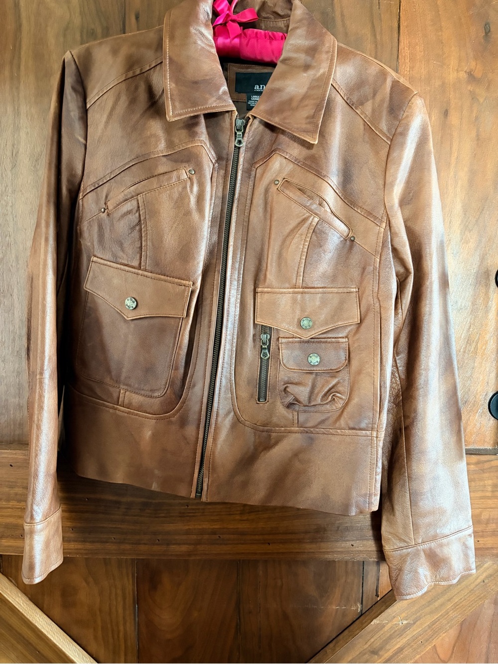 a.n.a Brown Leather Bomber Jacket with Pink Lining